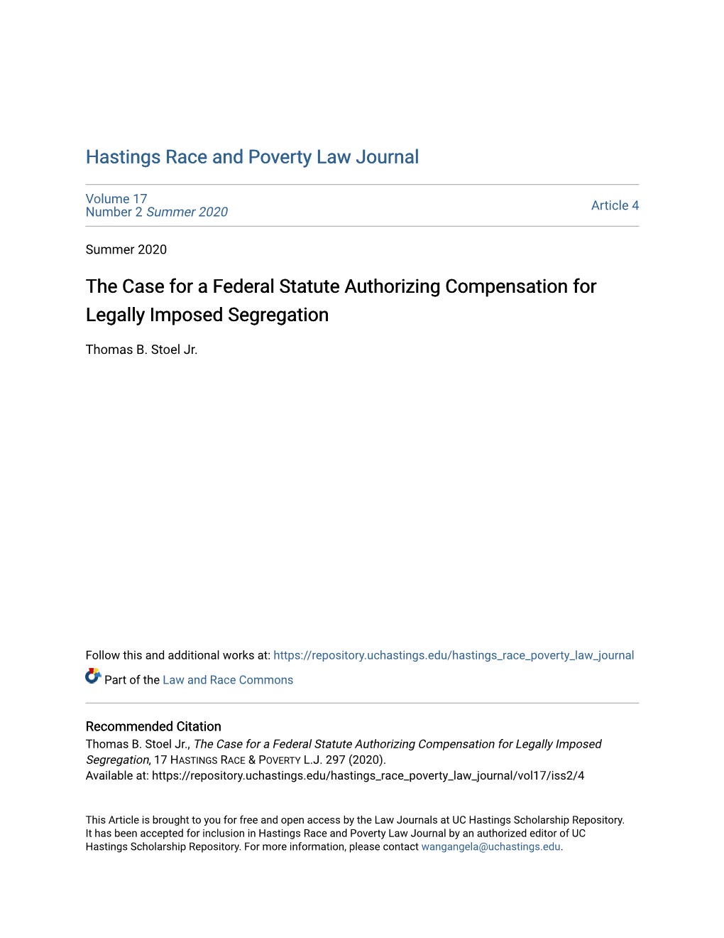 The Case for a Federal Statute Authorizing Compensation for Legally Imposed Segregation