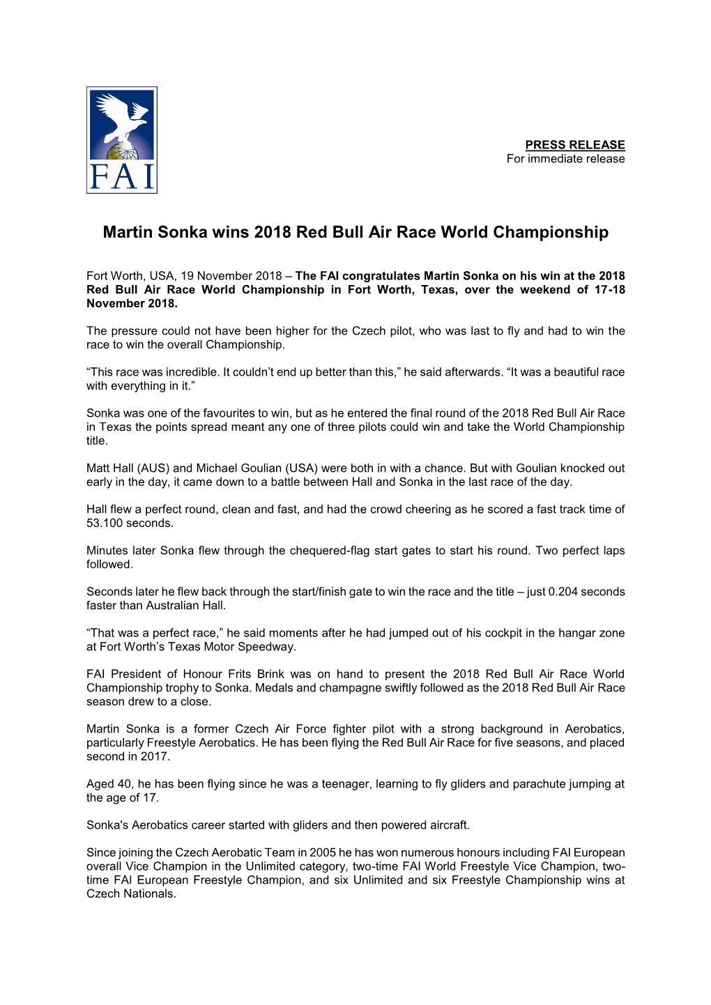 Martin Sonka Wins 2018 Red Bull Air Race World Championship