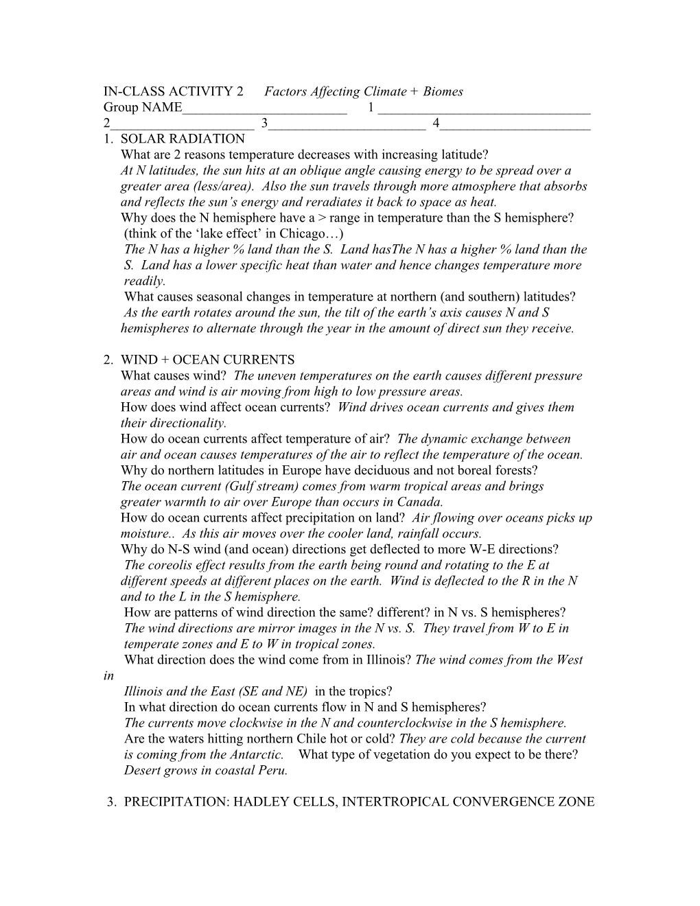 IN-CLASS ACTIVITY 2 Factors Affecting Climate + Biomes