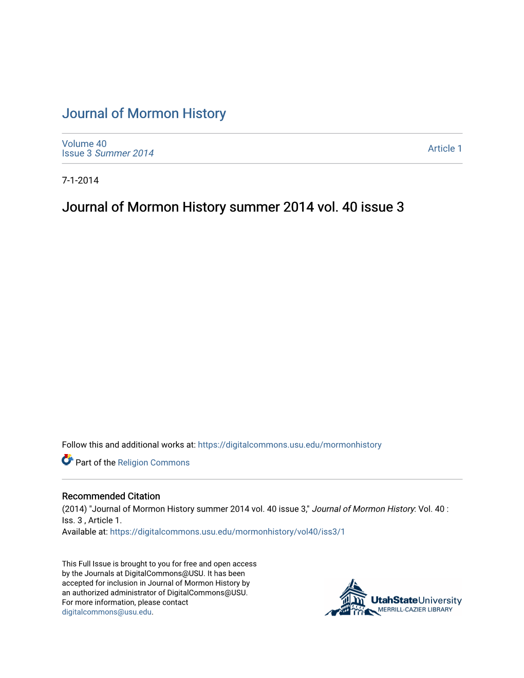 Journal of Mormon History Summer 2014 Vol. 40 Issue 3