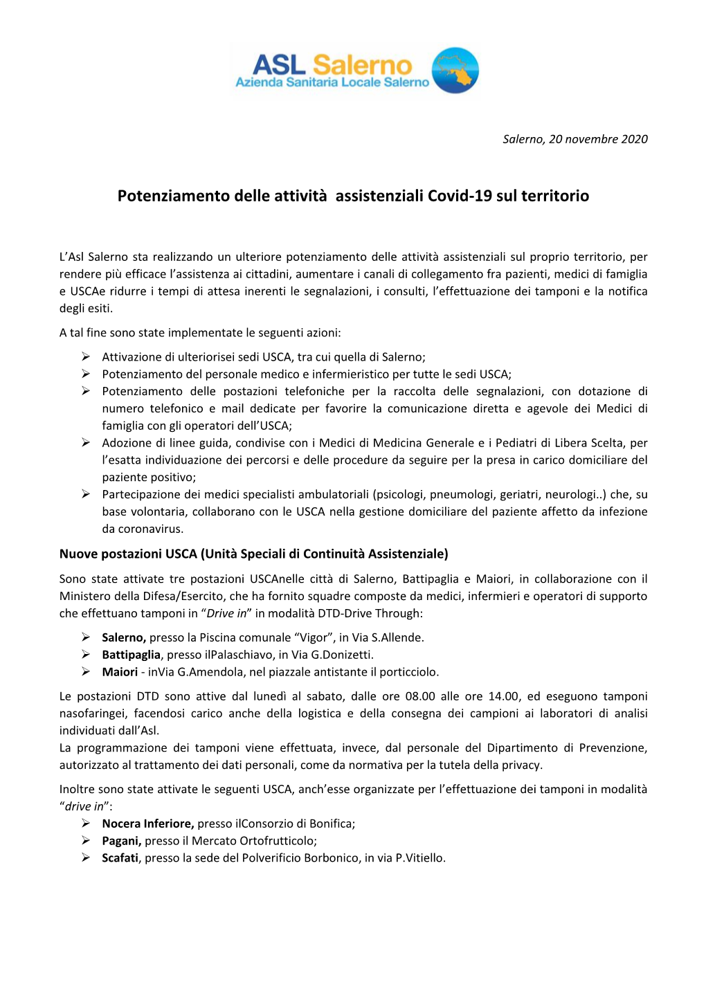 Potenziamento Delle Attività Assistenziali Covid-19 Sul Territorio