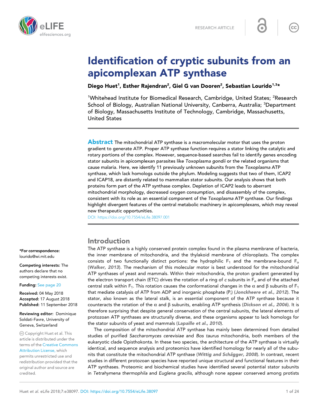 Identification of Cryptic Subunits from an Apicomplexan ATP Synthase Diego Huet1, Esther Rajendran2, Giel G Van Dooren2, Sebastian Lourido1,3*