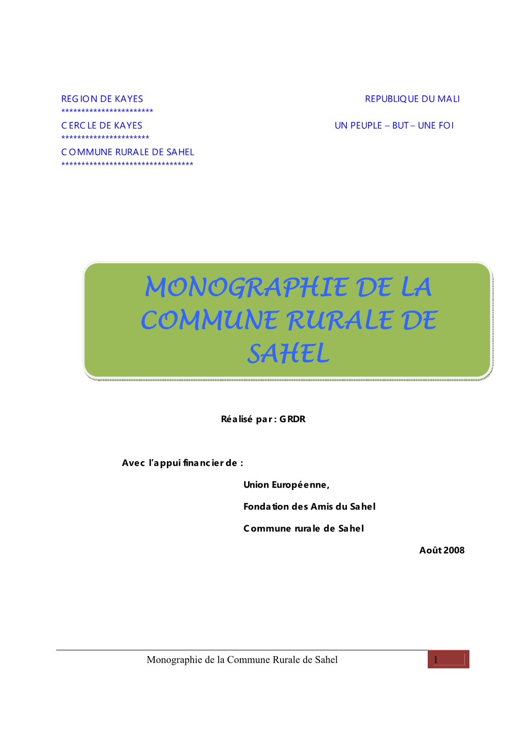 Monographie De La Commune Rurale De Sahel 1