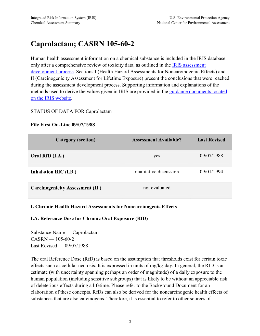 Caprolactam (CASRN 105-60-2) | IRIS | US