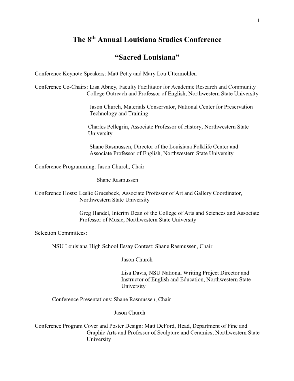 The 8Th Annual Louisiana Studies Conference