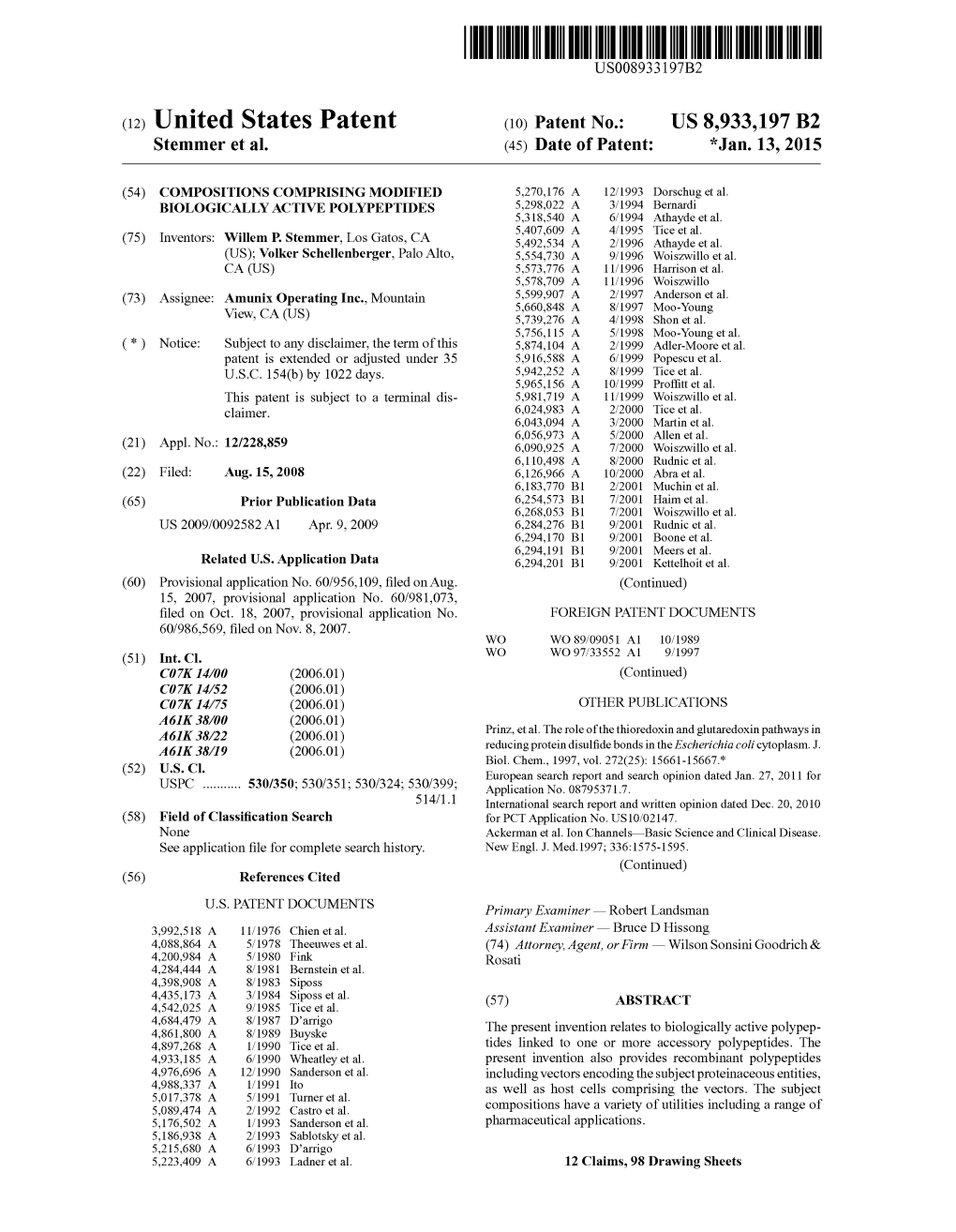 (12) United States Patent (10) Patent No.: US 8,933,197 B2 Stemmer Et Al