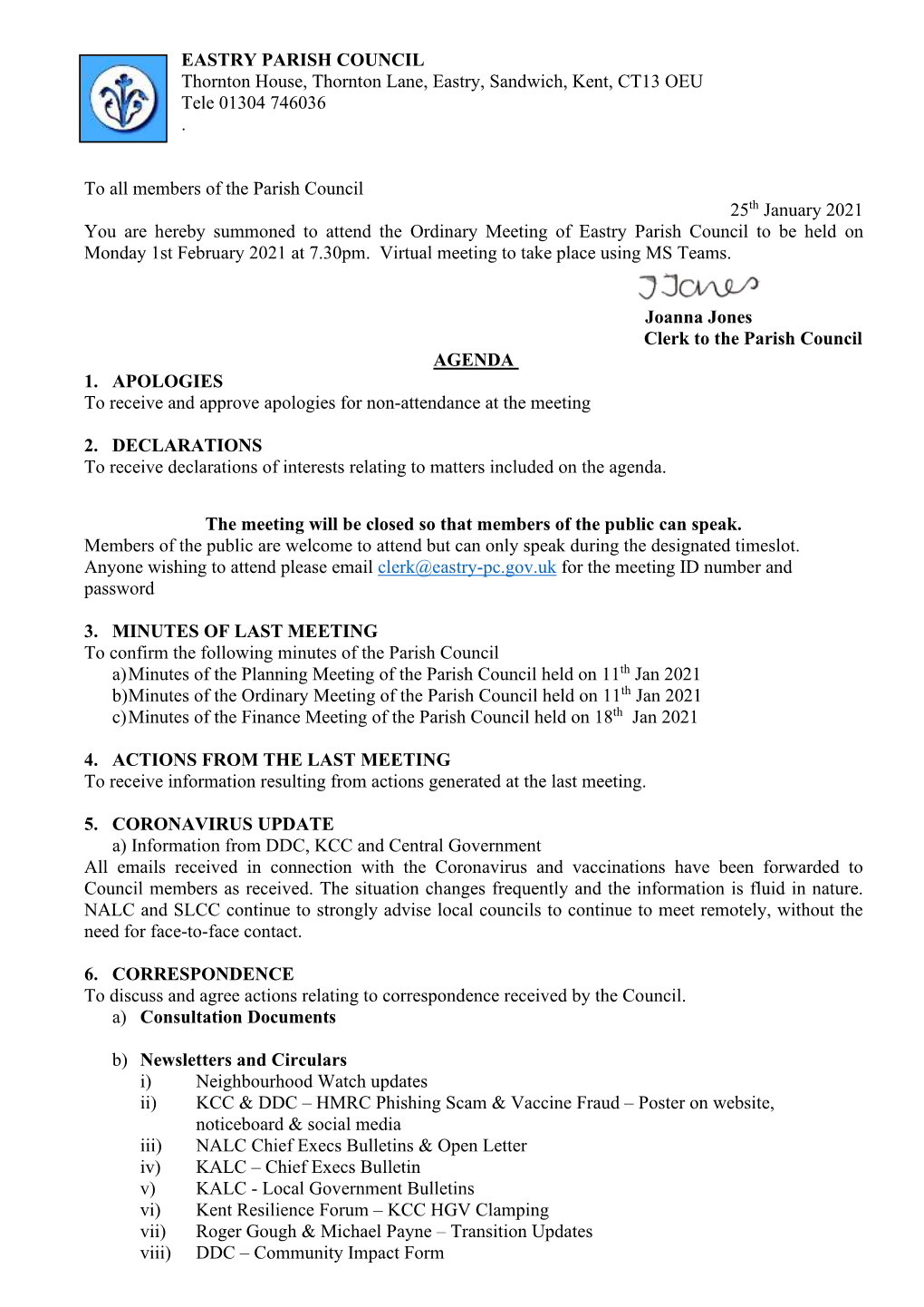 Ordinary Meeting Agenda 01-02-2021