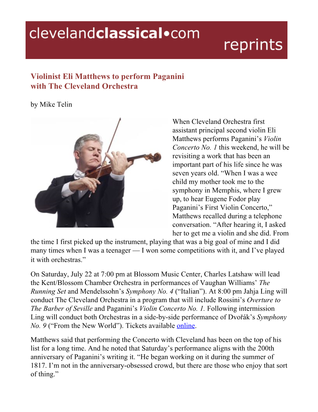 Violinist Eli Matthews to Perform Paganini with the Cleveland Orchestra by Mike Telin