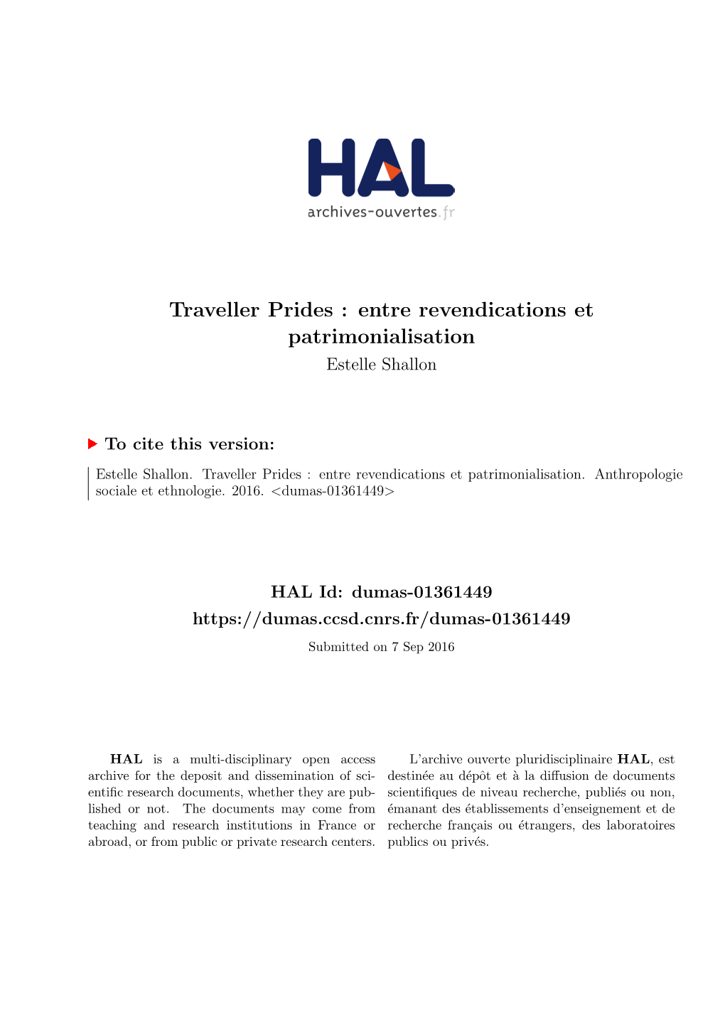 Traveller Prides : Entre Revendications Et Patrimonialisation Estelle Shallon