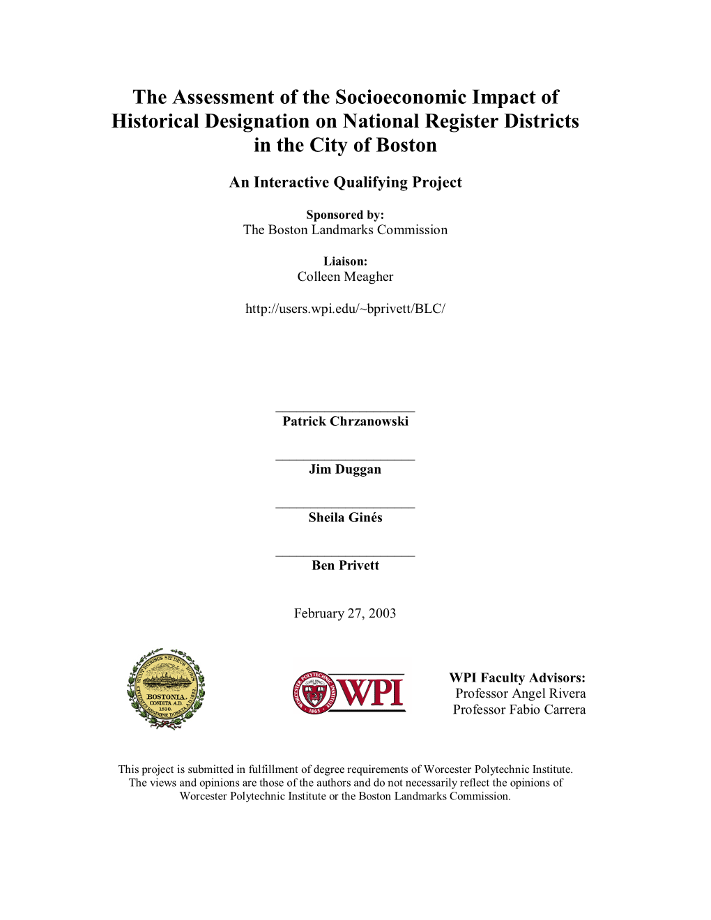 The Assessment of the Socioeconomic Impact of Historical Designation on National Register Districts in the City of Boston