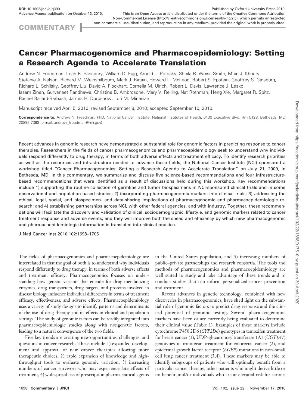 Cancer Pharmacogenomics and Pharmacoepidemiology: Setting a Research Agenda to Accelerate Translation Andrew N
