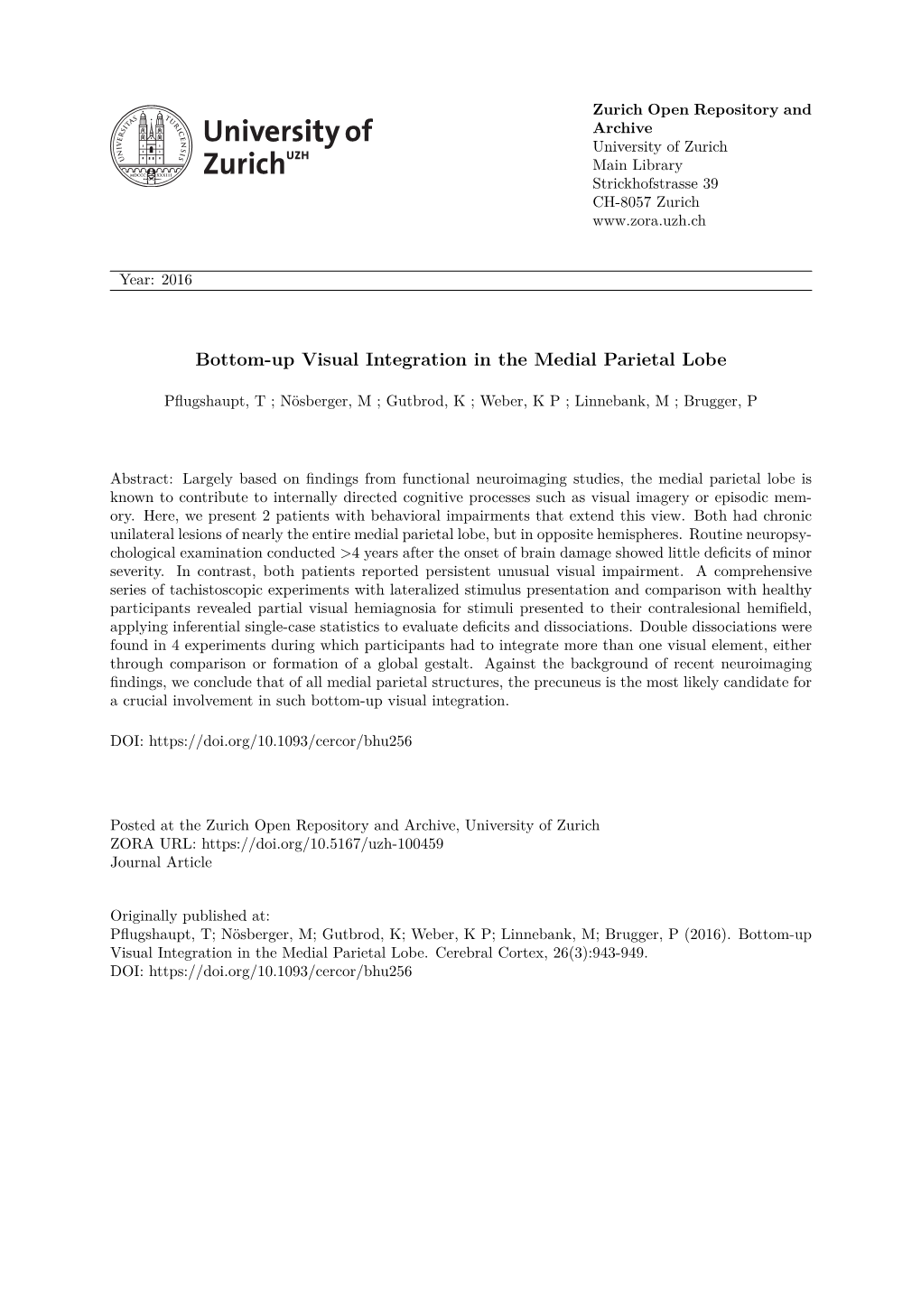 'Bottom-Up Visual Integration in the Medial Parietal Lobe'