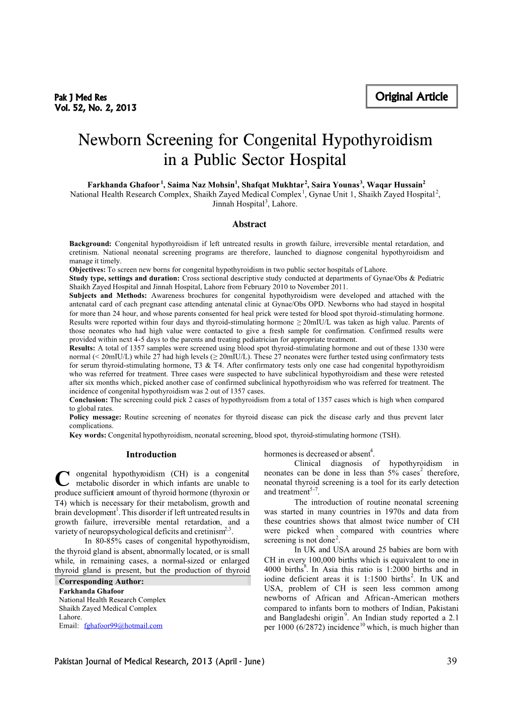 Newborn Screening for Congenital Hypothyroidism in a Public Sector Hospital