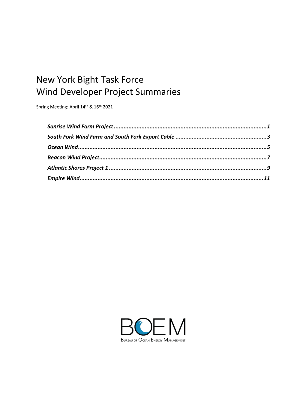 New York Bight Task Force Wind Developer Project Summaries