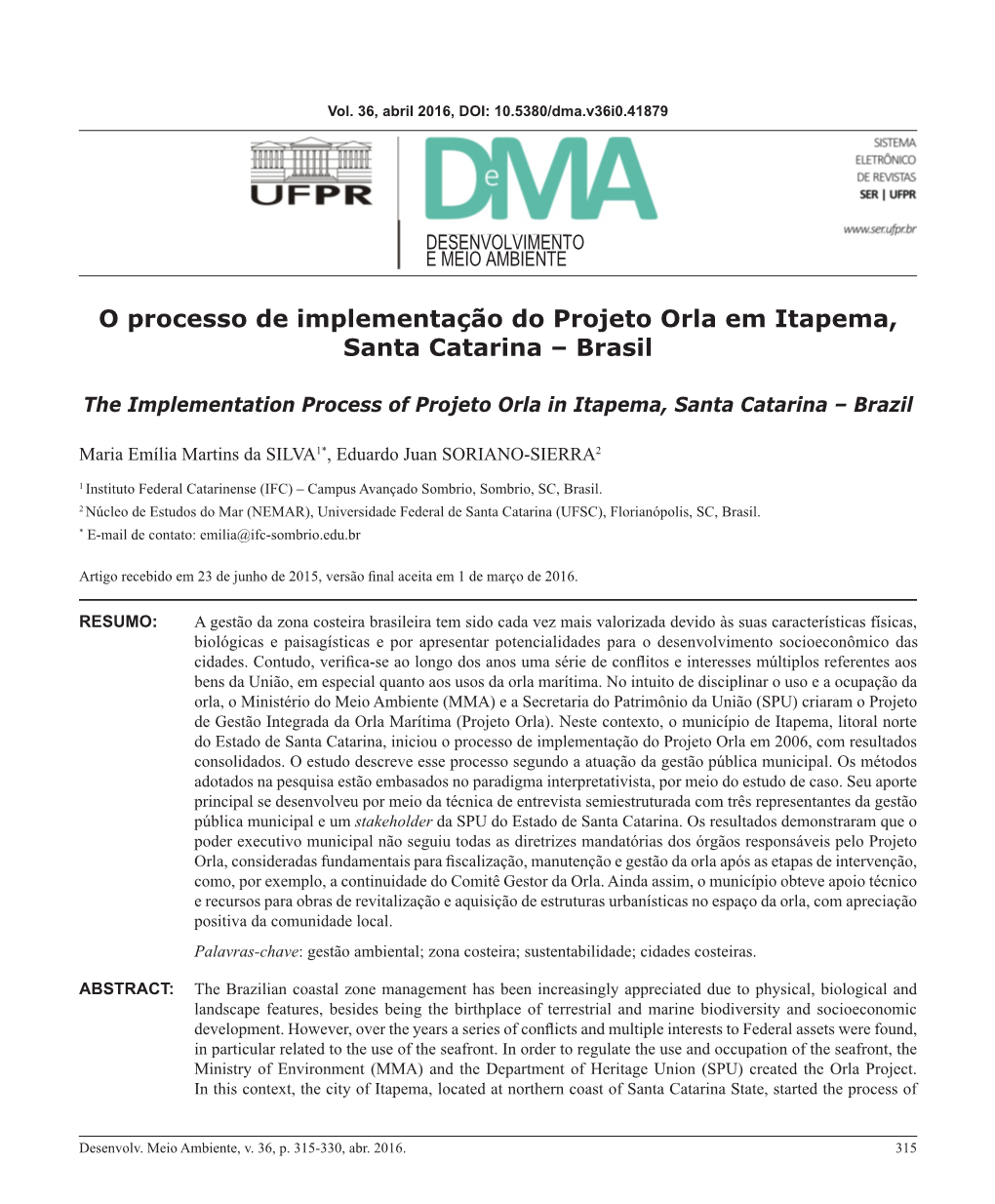 O Processo De Implementação Do Projeto Orla Em Itapema, Santa Catarina – Brasil
