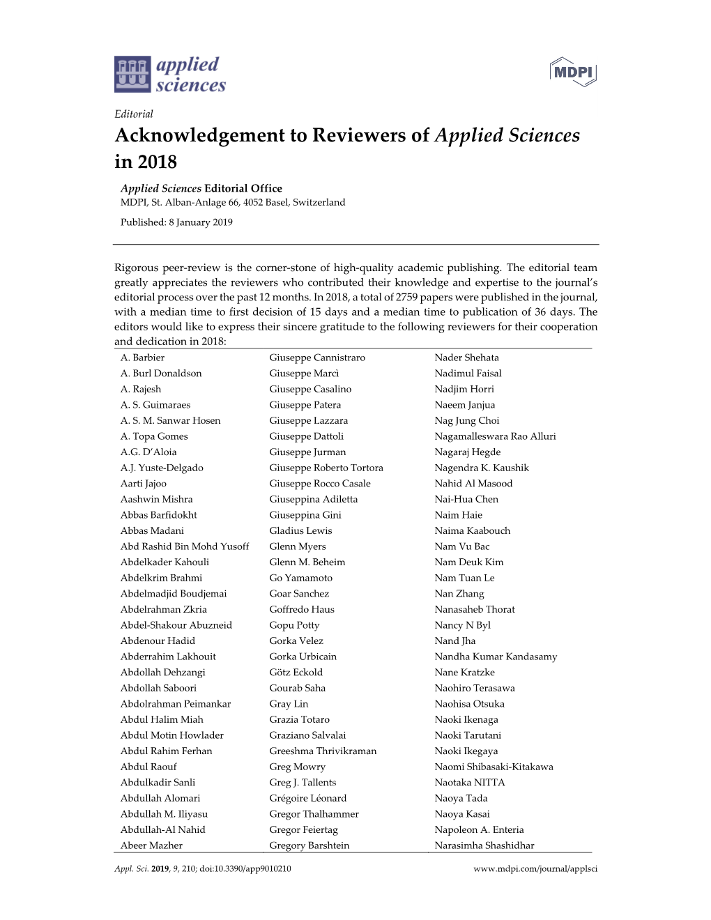 Acknowledgement to Reviewers of Applied Sciences in 2018 Applied Sciences Editorial Office MDPI, St