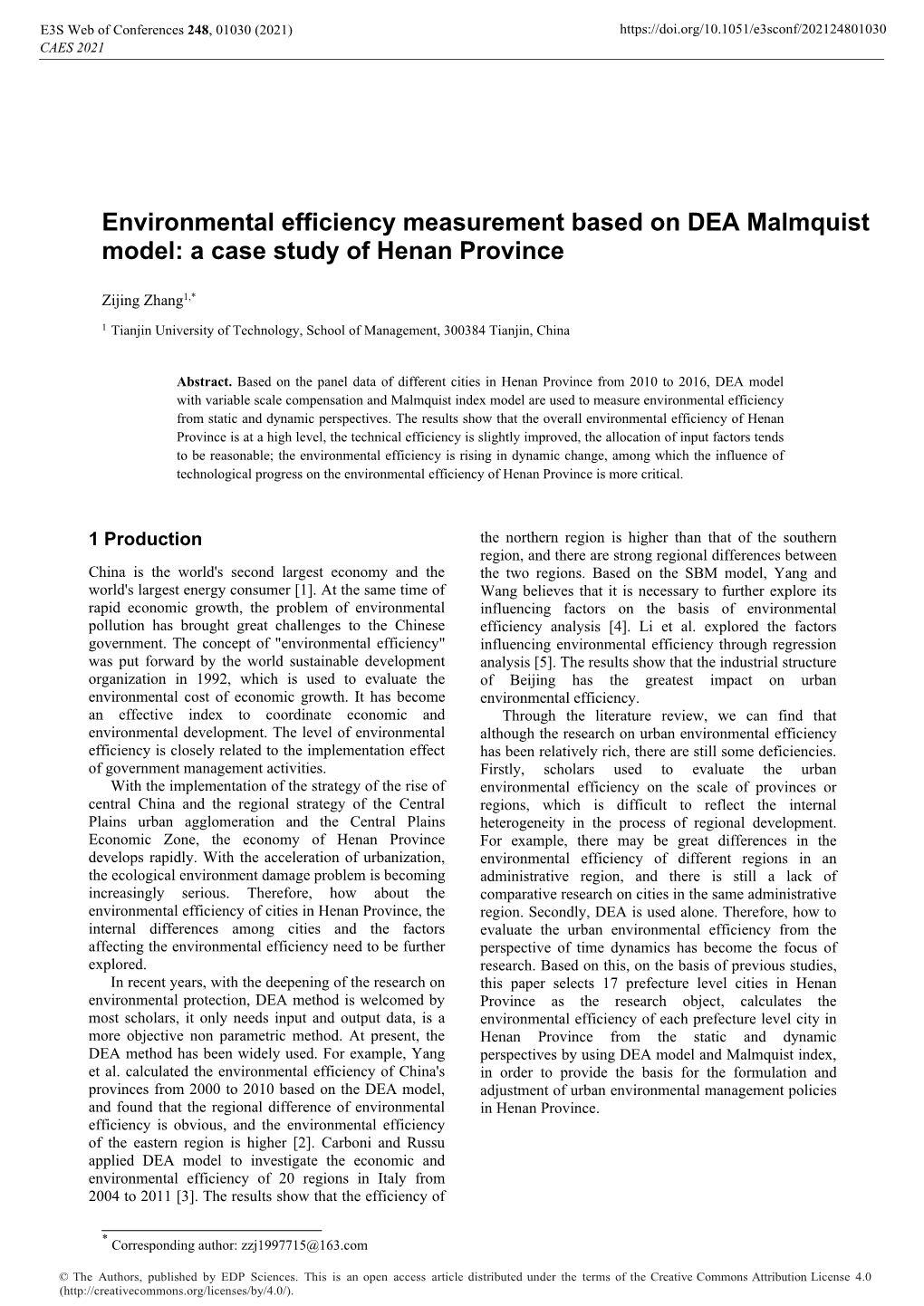 Environmental Efficiency Measurement Based on DEA Malmquist Model: a Case Study of Henan Province