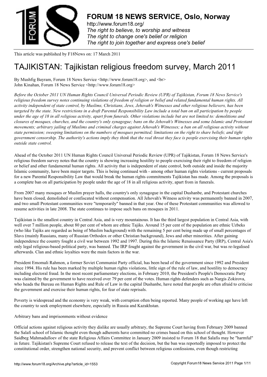 Tajikistan Religious Freedom Survey, March 2011
