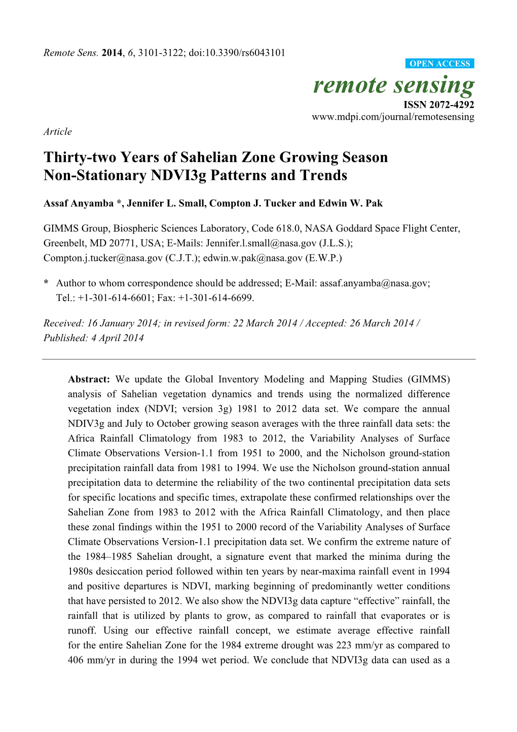 Remote Sensing ISSN 2072-4292 Article Thirty-Two Years of Sahelian Zone Growing Season Non-Stationary Ndvi3g Patterns and Trends