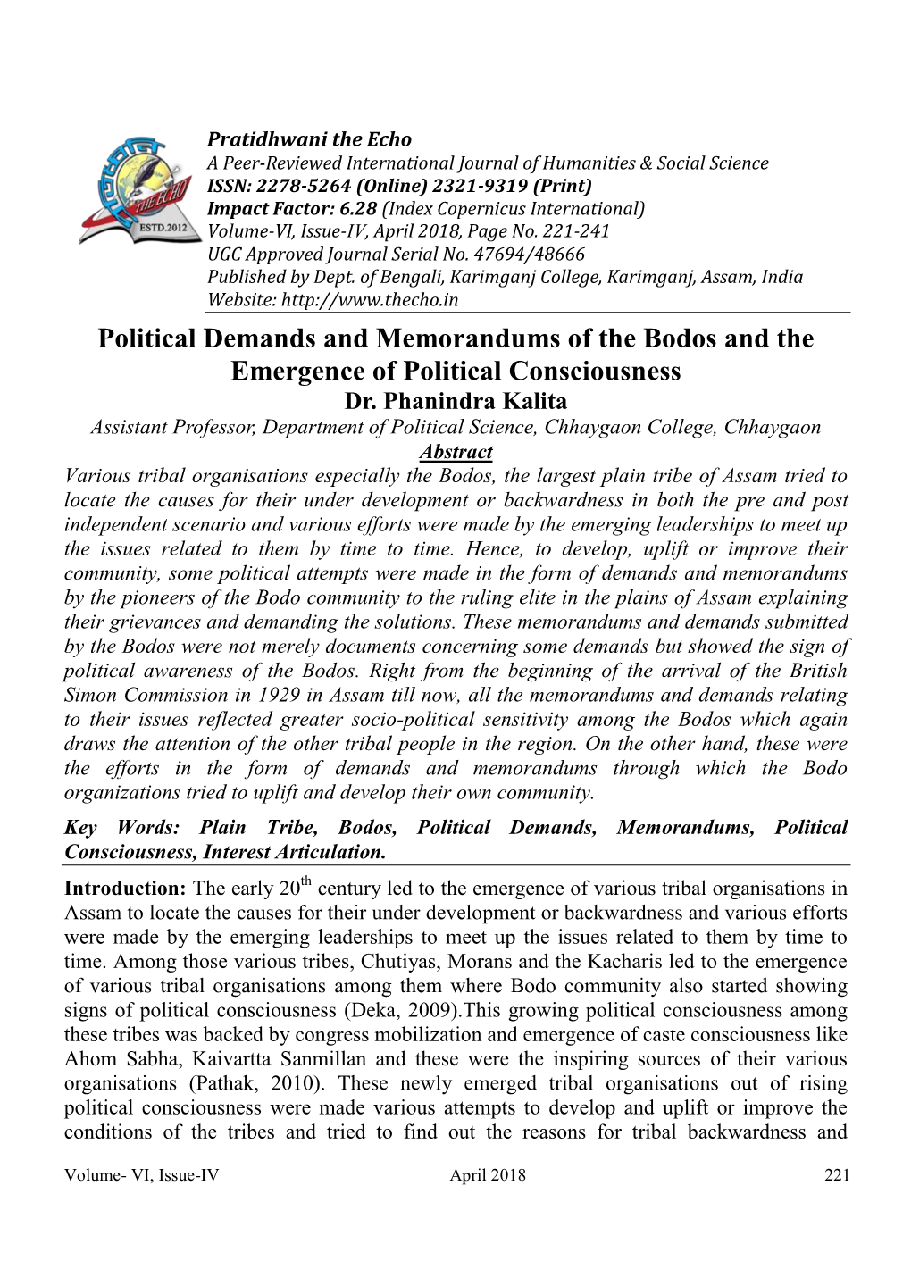 Political Demands and Memorandums of the Bodos and the Emergence of Political Consciousness Dr