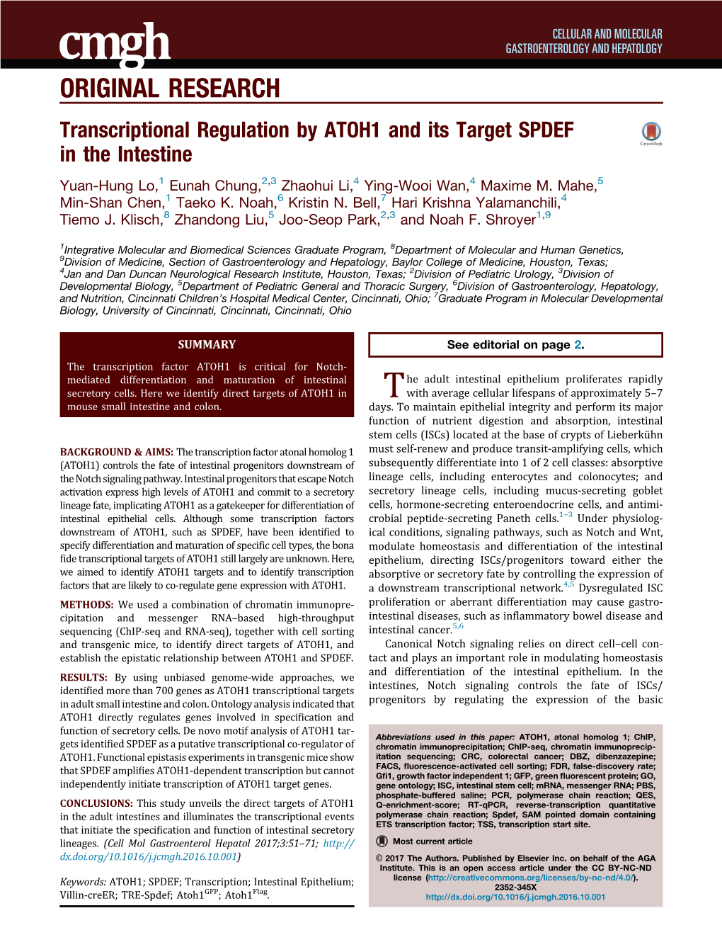 Transcriptional Regulation by ATOH1 and Its Target SPDEF In&Nbsp