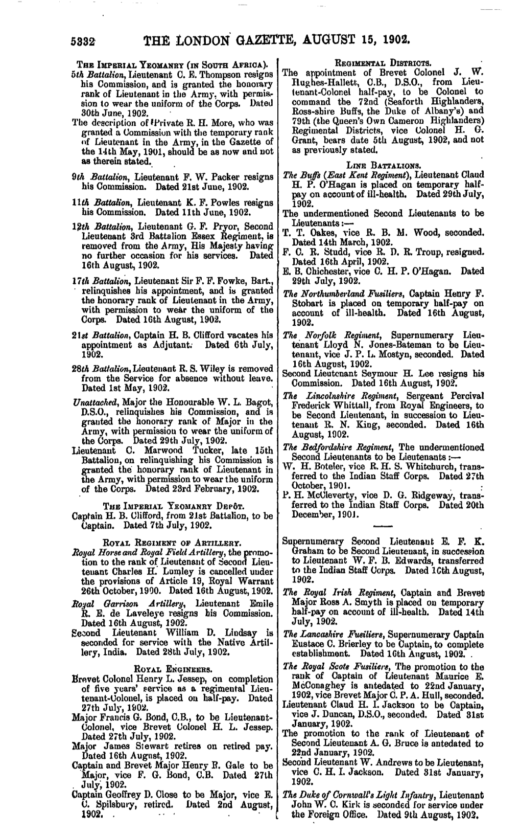 The London Gazette, August 15, 1902. Regimental Districts