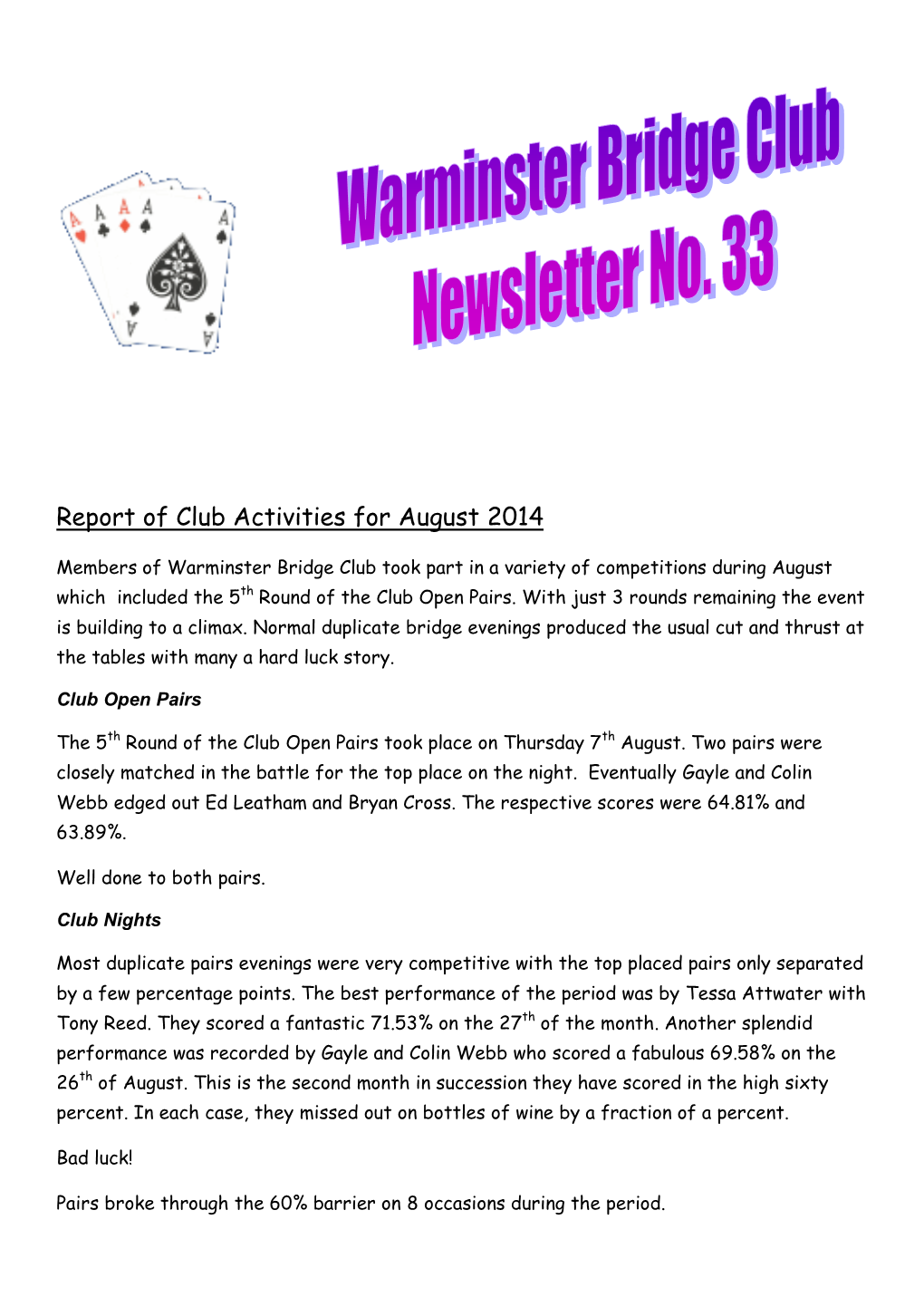 Report of Club Activities for August 2014