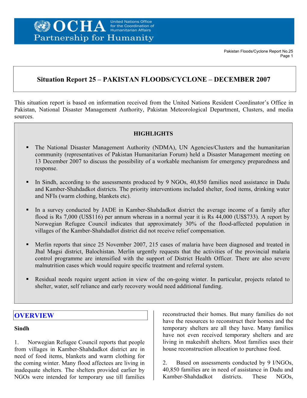 Pakistan Floods/Cyclone Report No.25 Page 1