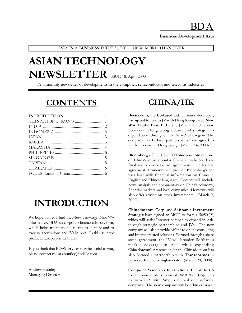 ASIAN TECHNOLOGY NEWSLETTER ISSUE 18, April 2000 a Bimonthly Newsletter of Developments in the Computer, Semiconductor and Telecoms Industries