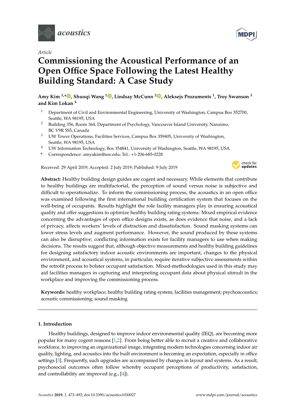 Commissioning the Acoustical Performance of an Open Office Space Following the Latest Healthy Building Standard