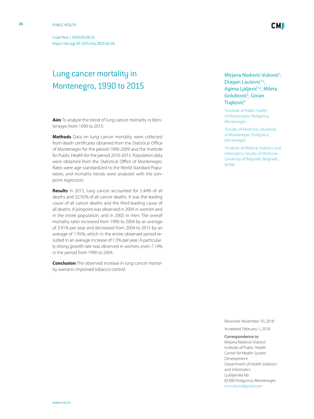 Lung Cancer Mortality in Montenegro, 1990 to 2015