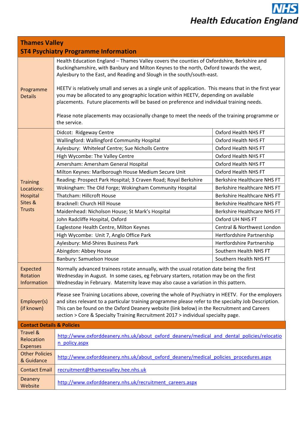 Thames Valley ST4 Psychiatry Programme Information