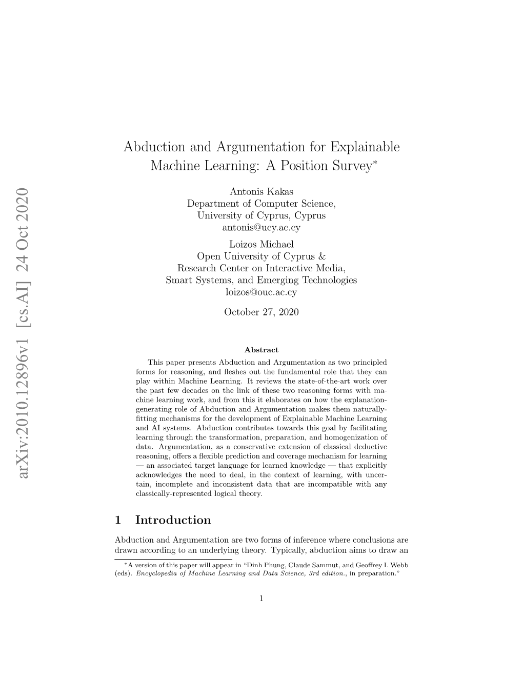 Abduction and Argumentation for Explainable Machine Learning: a Position Survey∗