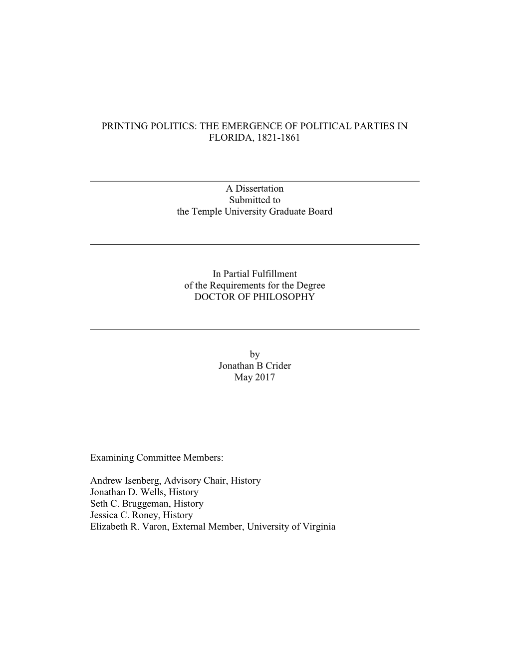 Printing Politics: the Emergence of Political Parties in Florida, 1821-1861