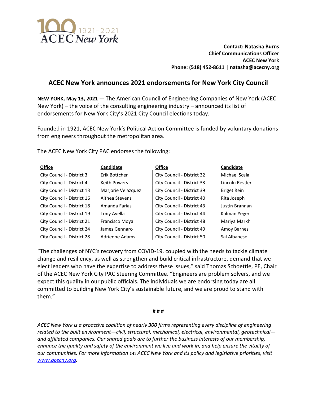 ACEC New York Announces 2021 Endorsements for New York City Council