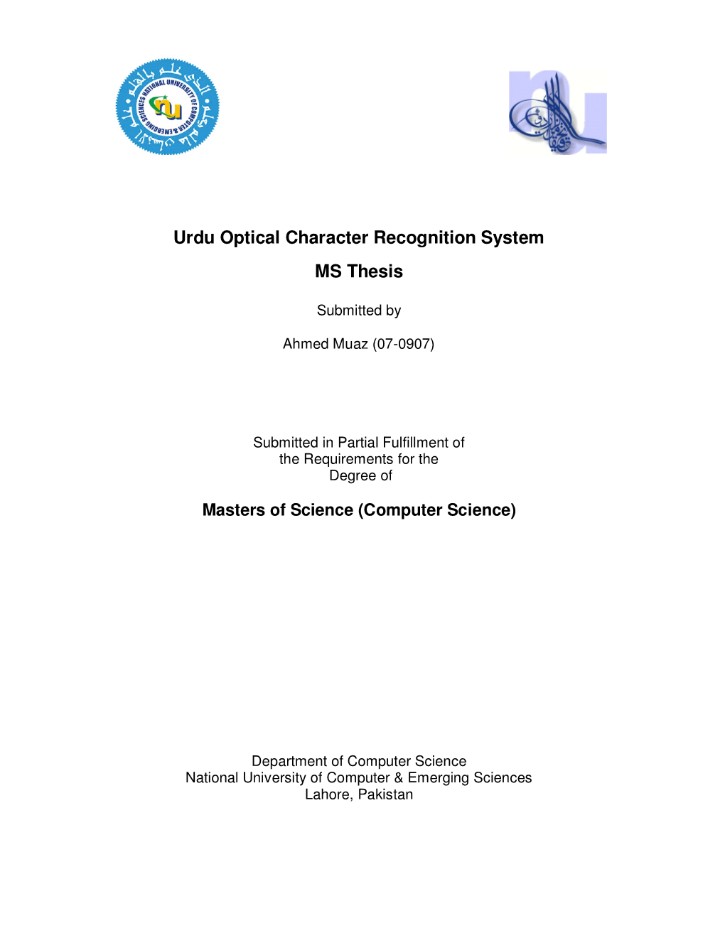 Urdu Optical Character Recognition System MS Thesis