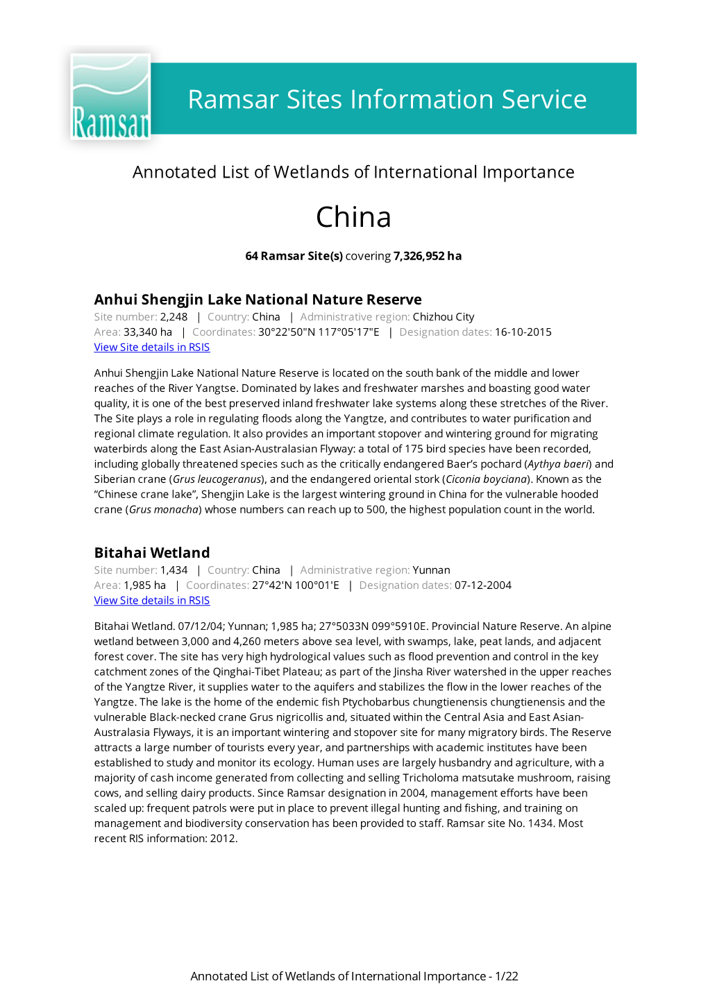 Annotated List of Wetlands of International Importance China