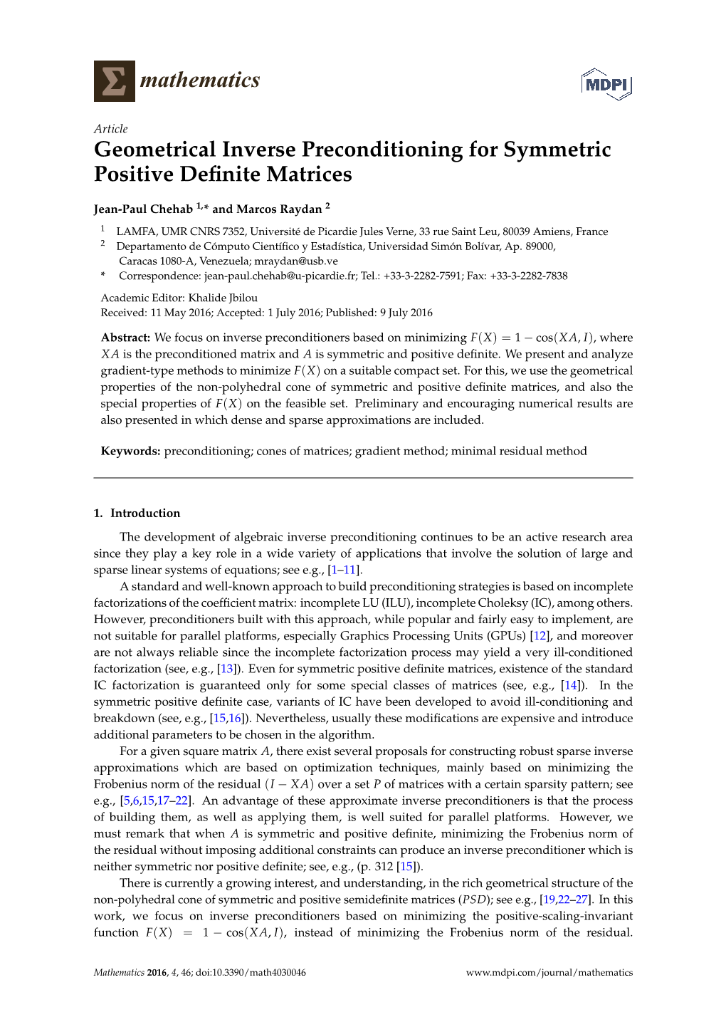 Geometrical Inverse Preconditioning for Symmetric Positive Definite Matrices