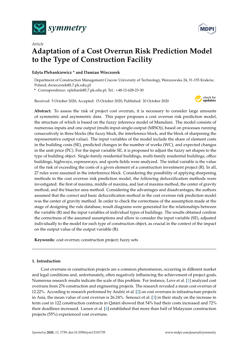 Adaptation of a Cost Overrun Risk Prediction Model to the Type of Construction Facility