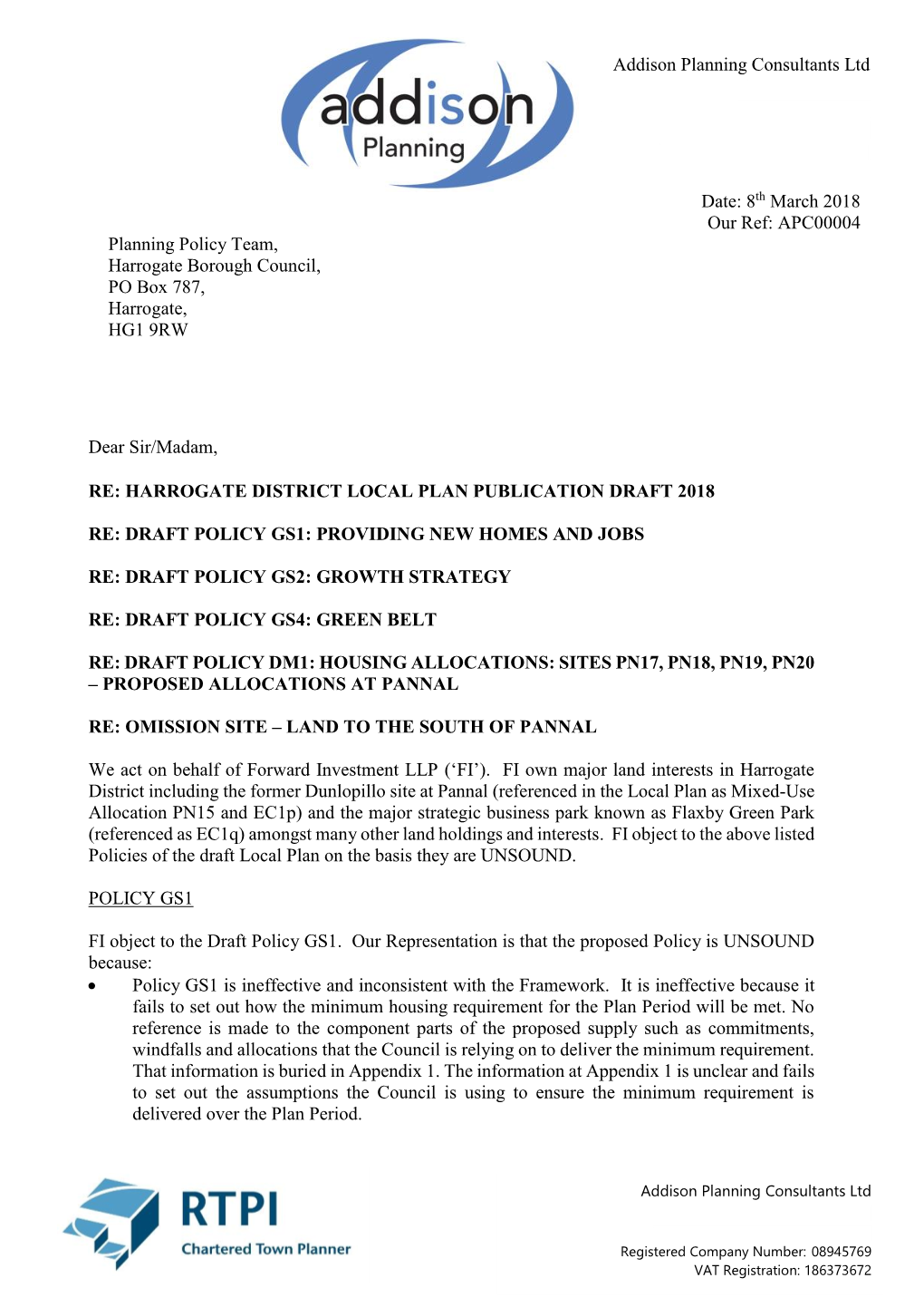 Date: 8Th March 2018 Our Ref: APC00004 Planning Policy Team, Harrogate Borough Council, PO Box 787, Harrogate, HG1 9RW