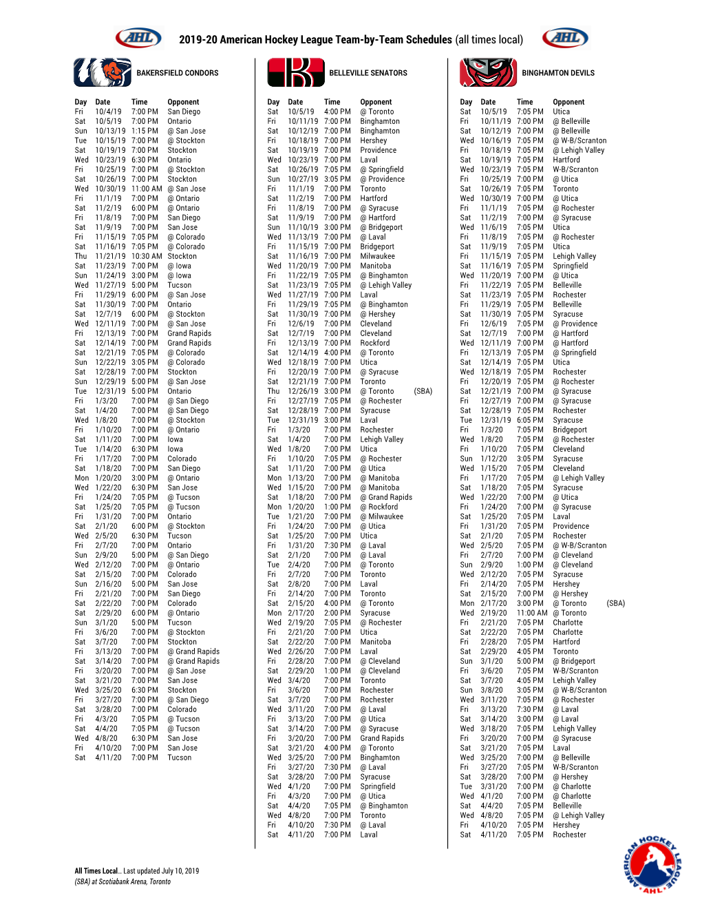 2019-20 American Hockey League Team-By-Team Schedules (All Times Local)