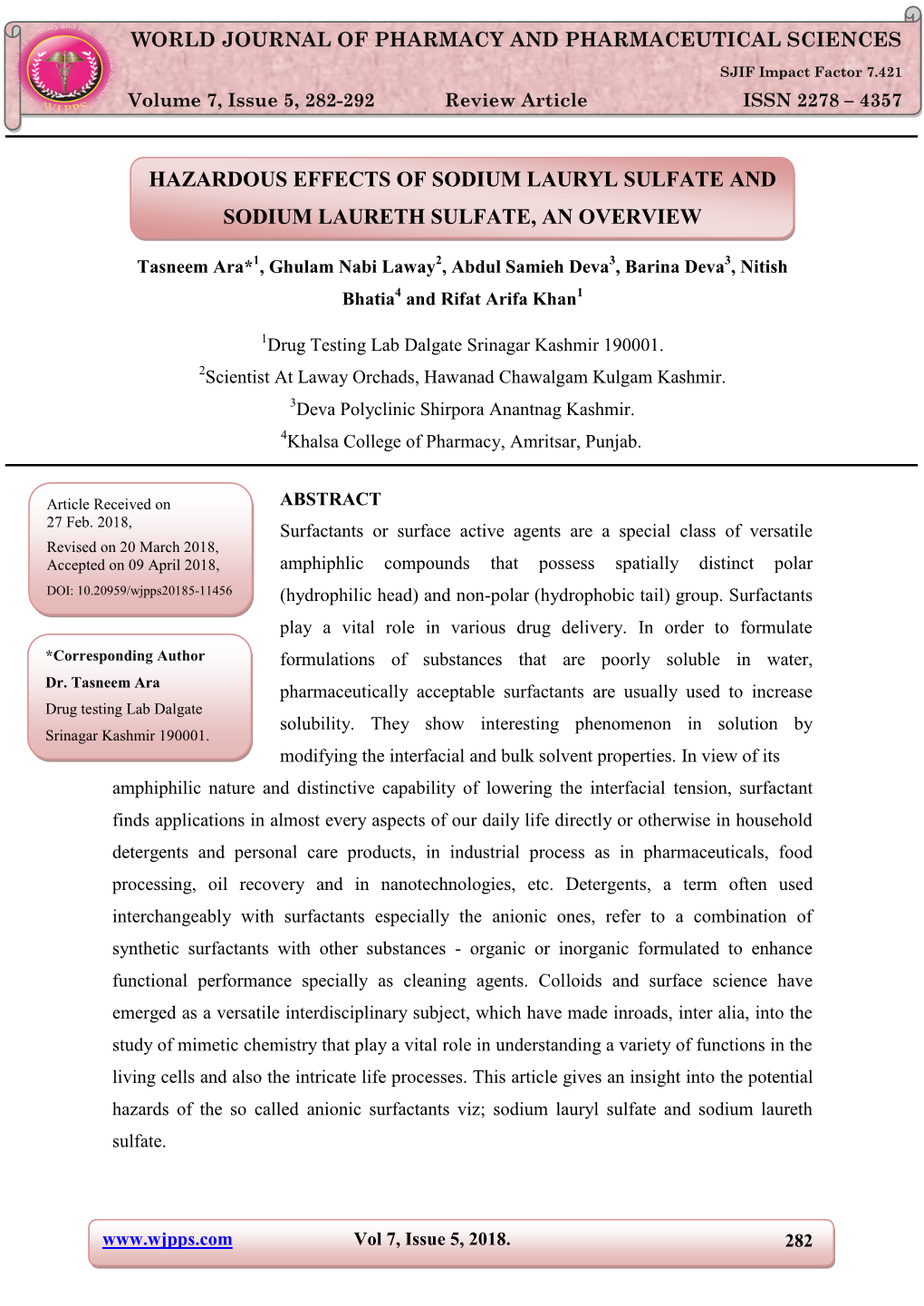 Hazardous Effects of Sodium Lauryl Sulfate and Sodium Laureth Sulfate, an Overview