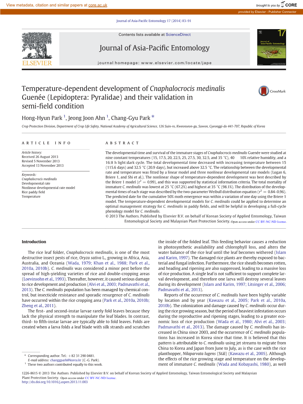 Temperature-Dependent Development of Cnaphalocrocis Medinalis Guenée (Lepidoptera: Pyralidae) and Their Validation in Semi-ﬁeld Condition