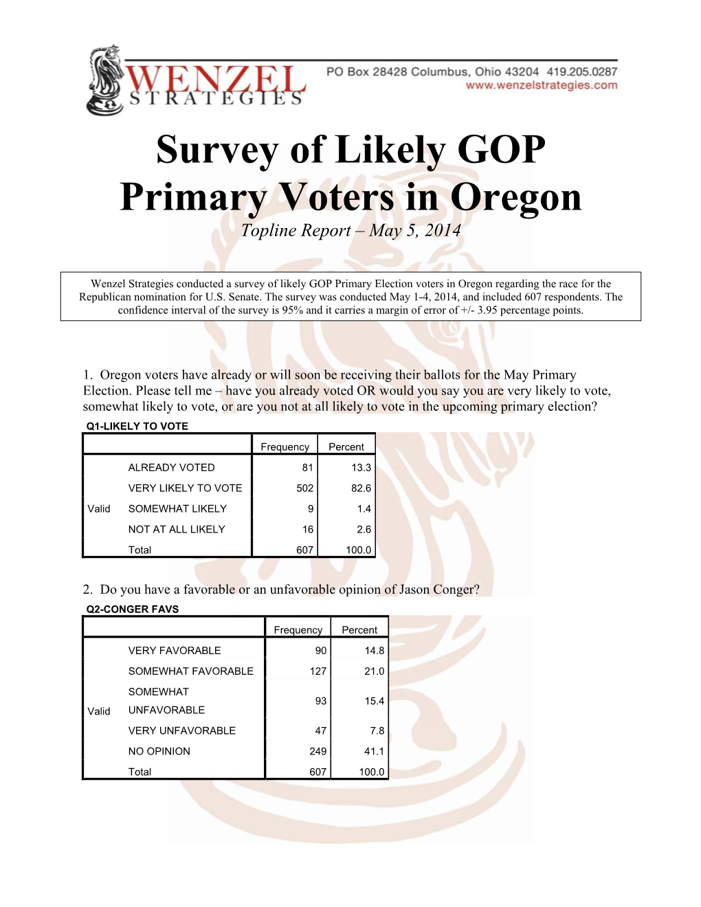 Survey of Likely GOP Primary Voters in Oregon Topline Report – May 5, 2014
