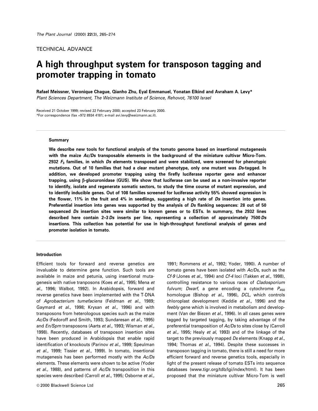 A High Throughput System for Transposon Tagging and Promoter Trapping in Tomato