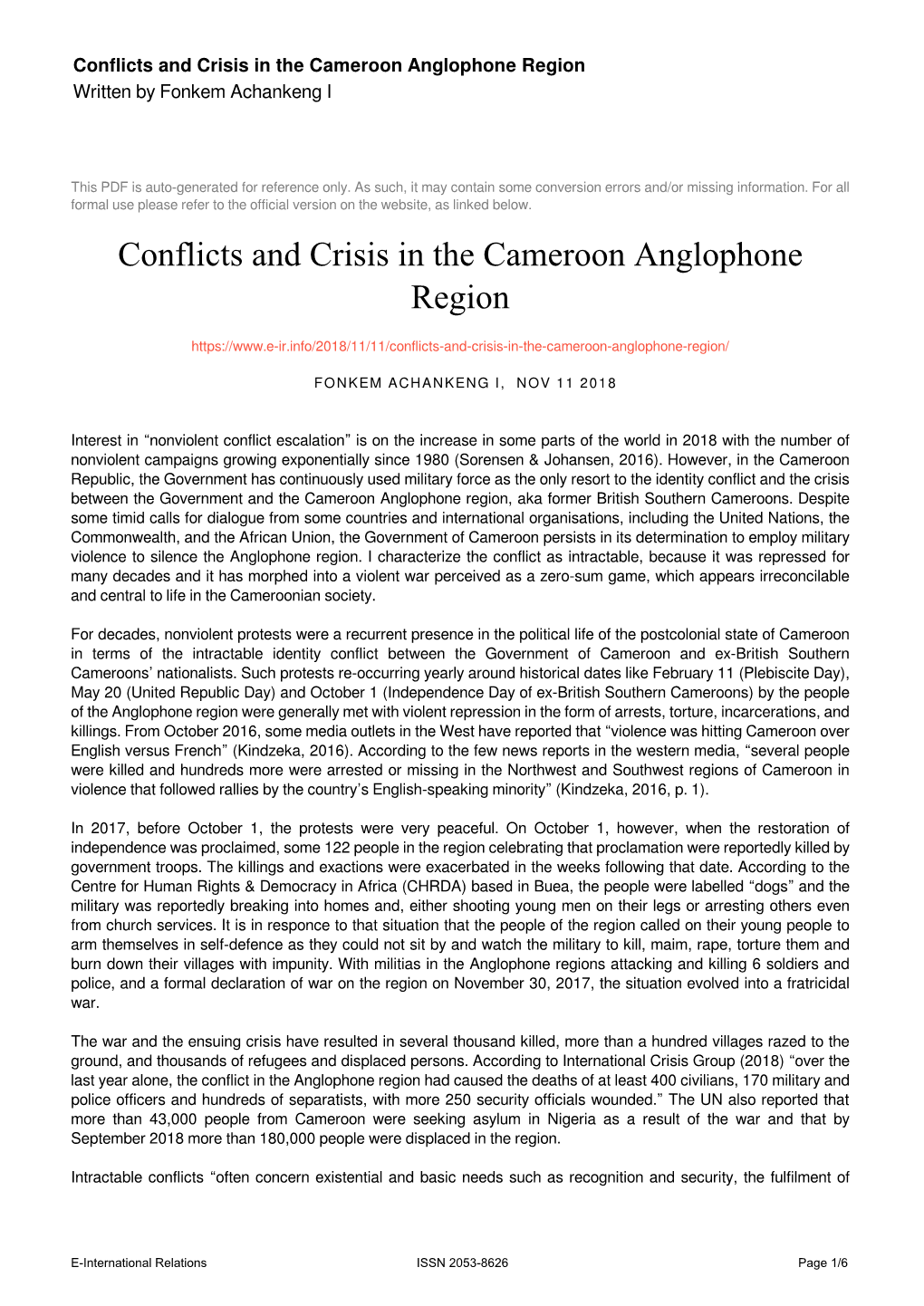 Conflicts and Crisis in the Cameroon Anglophone Region Written by Fonkem Achankeng I