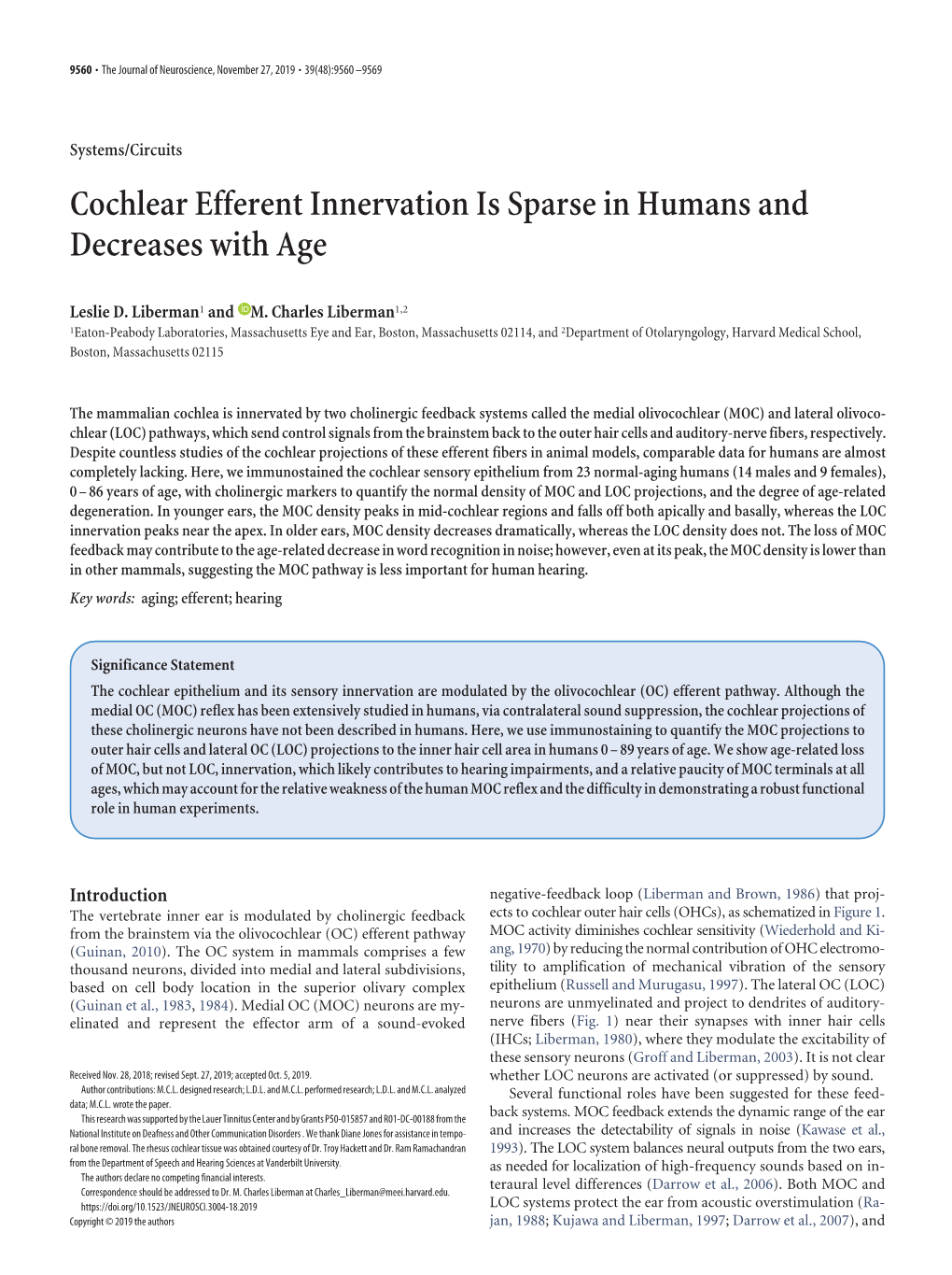 Cochlear Efferent Innervation Is Sparse in Humans and Decreases with Age