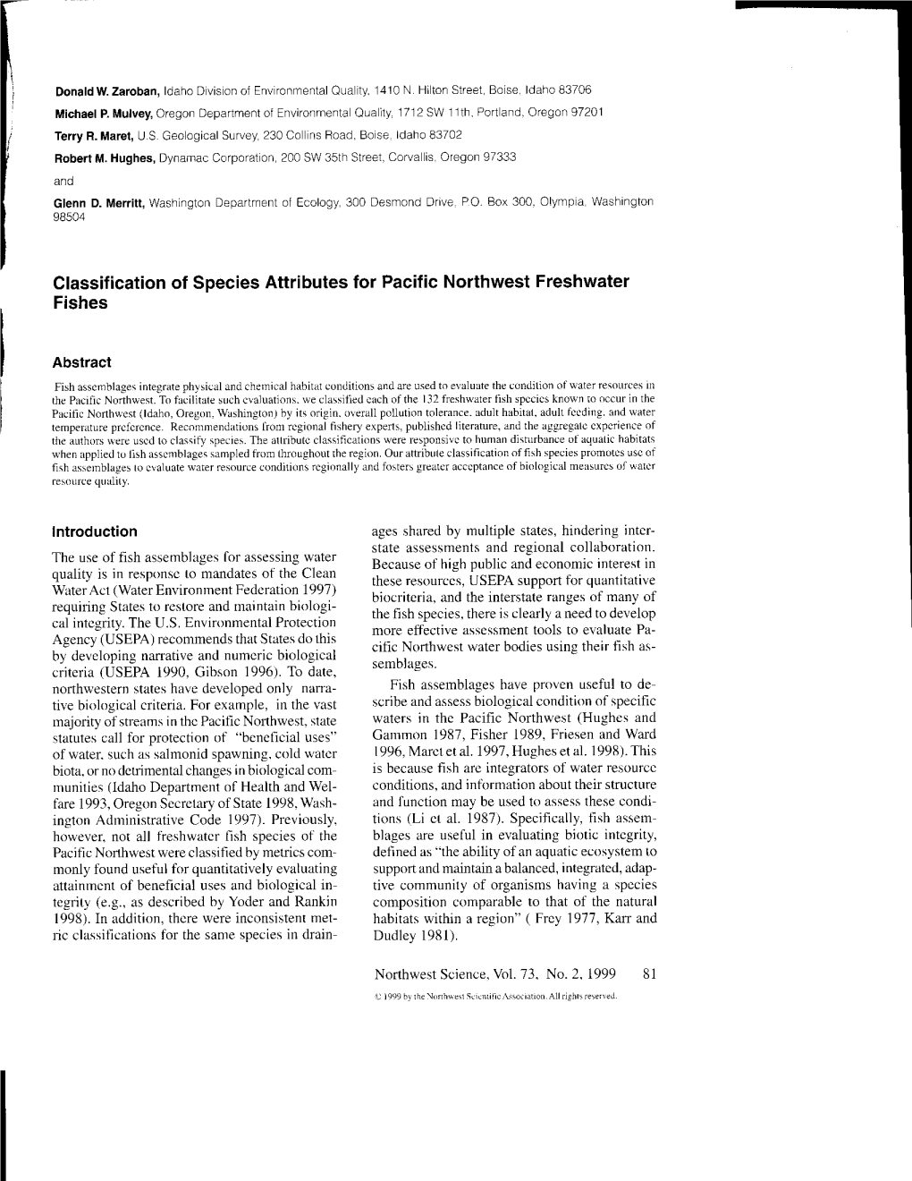 Classification of Species Attributes for Pacific Northwest Freshwater Fishes