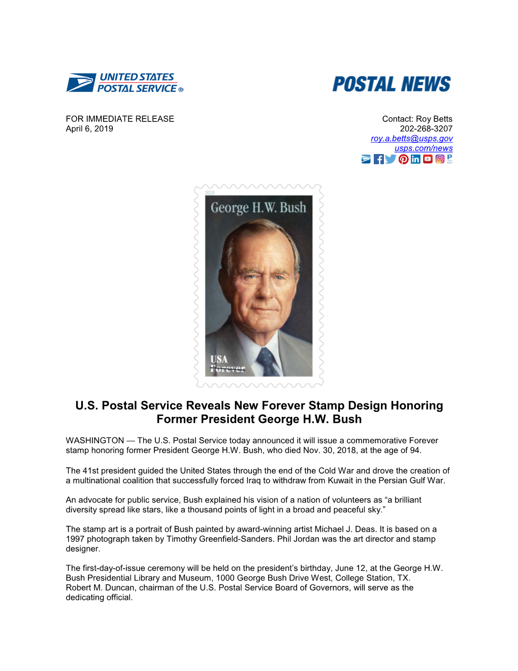 U.S. Postal Service Reveals New Forever Stamp Design Honoring Former President George H.W