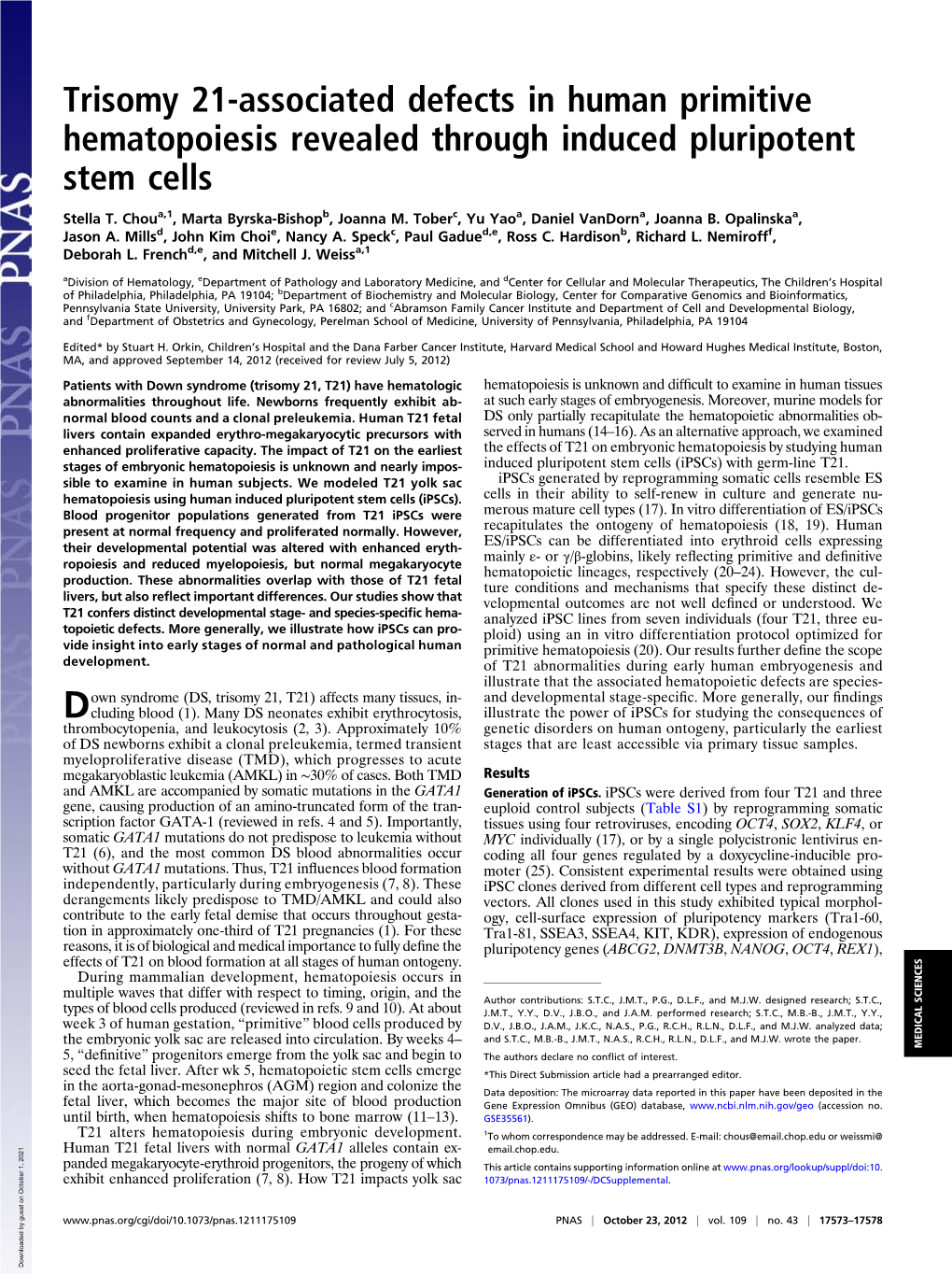 Trisomy 21-Associated Defects in Human Primitive Hematopoiesis Revealed Through Induced Pluripotent Stem Cells